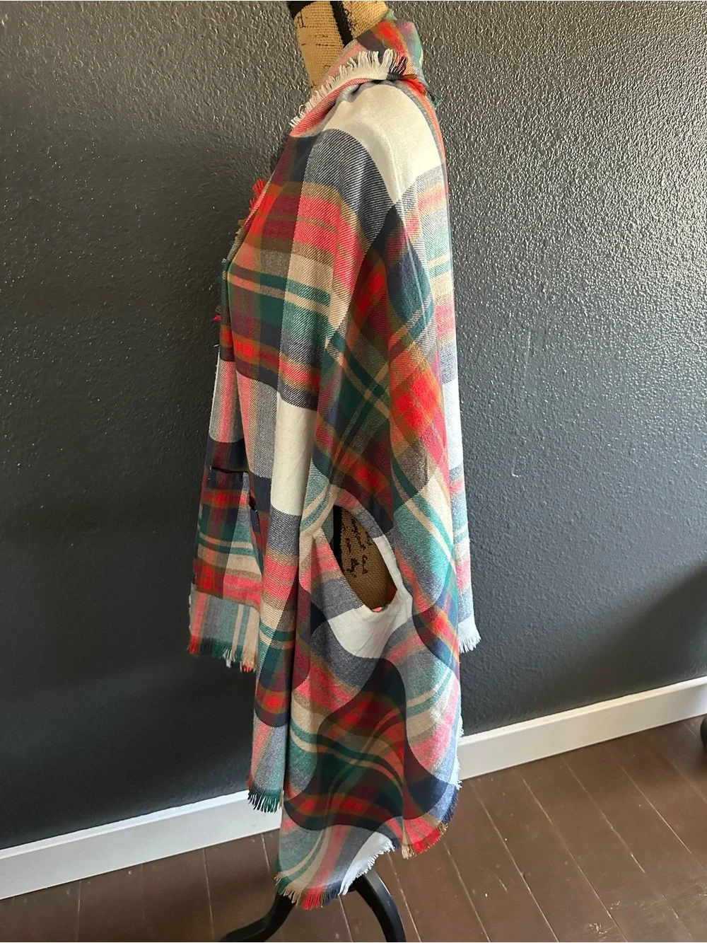 Grace & Lace Pocket Poncho Scarf Ivory Teal Plaid Wrap Pockets OS